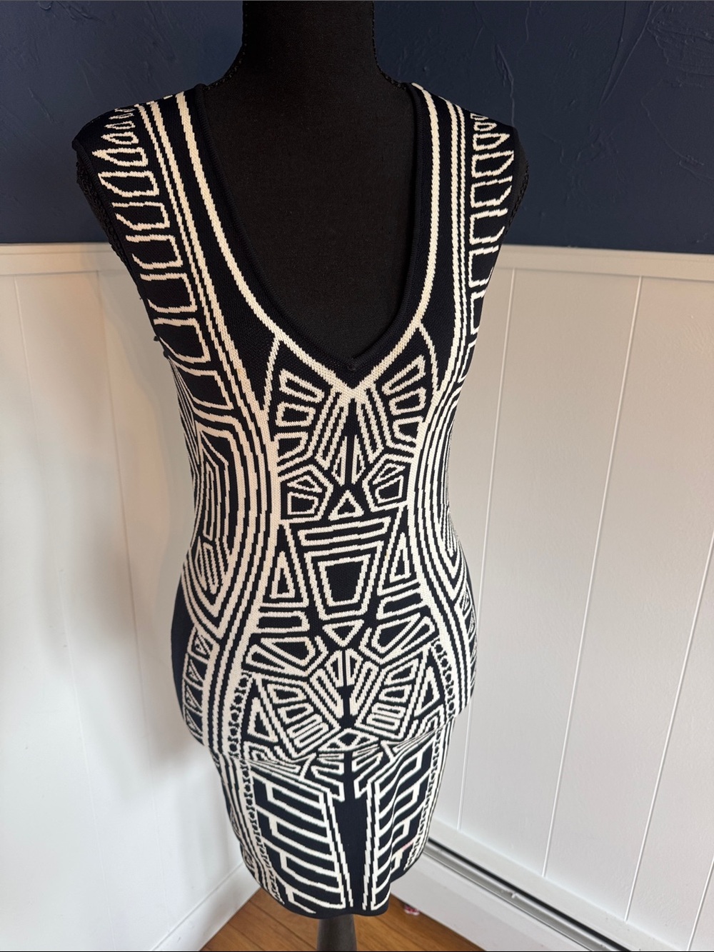 Jealous Tomato Black and White Geometric Knit Midi Dress